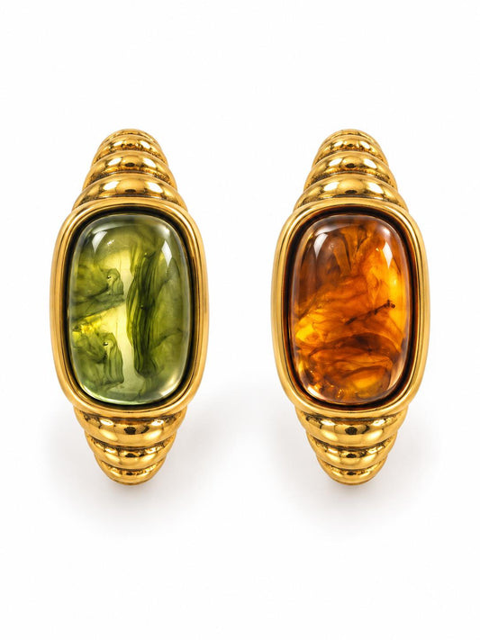 Anello Vintage in Acciaio Inossidabile con Pietre Verde Oliva e Ambra Montatura Dorata Regolabile per Look Raffinato