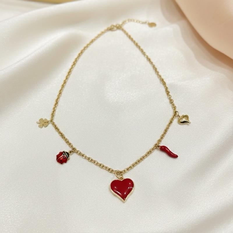 Collana Bonne Chance in Acciaio con Charm Cuore Rosso e Simboli Fortunati per Donna