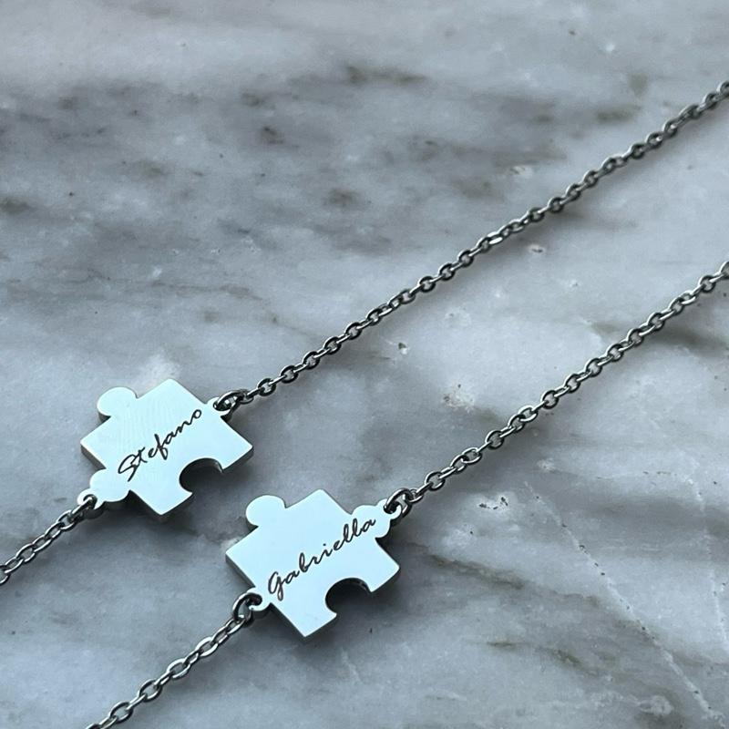 BR040 Bracciali TWIN in Acciaio Inox con Catenina Sottile e Ciondolo a Forma di Puzzle per Amicizia e Amore