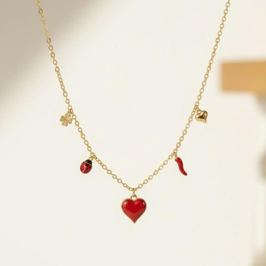 Collana Bonne Chance in Acciaio con Charm Cuore Rosso e Simboli Fortunati per Donna