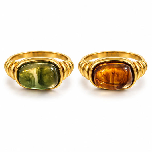 Anello Vintage in Acciaio Inossidabile con Pietre Verde Oliva e Ambra Montatura Dorata Regolabile per Look Raffinato