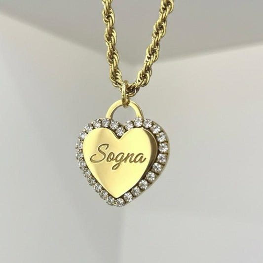 Collana Specchio dei Desideri in Acciaio Inossidabile con Pendente Cuore Lucido e Zirconi Incastonati Finitura Oro e Argento Personalizzabile con incisione