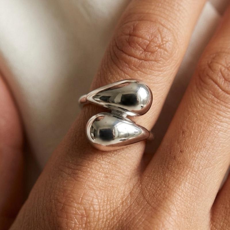 Anello MARLENA Regolabile a Goccia in Metallo Moderno con Doppia Goccia Lucida Elegante e Raffinato per Look Stilosi