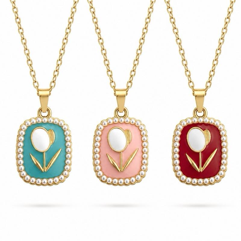 Collana Tuliperla in Acciaio Smaltato con Perle e Design Floreale Elegante per Donna
