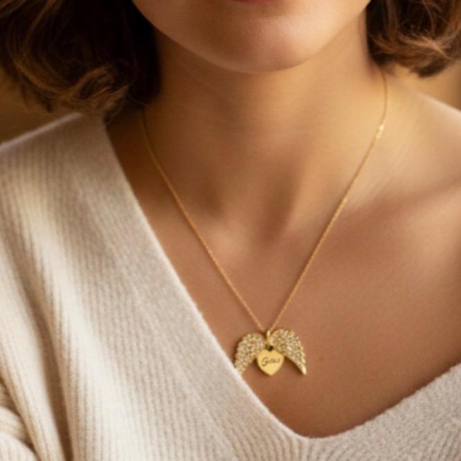 Collana ALWAYS in Acciaio Inox Argento con Pendente Ali d'Angelo e Cuore Personalizzabile Regalo Simbolico con Strass e Catenina Sottili