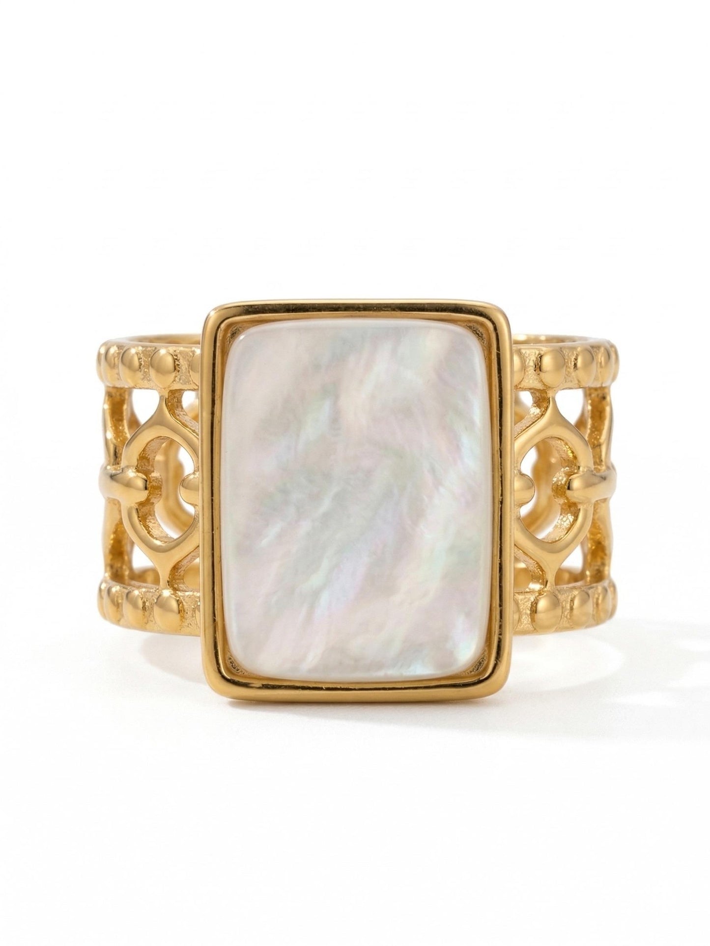 Anello Queen – Acciaio inossidabile, regolabile. Eleganza Scolpita in Madreperla