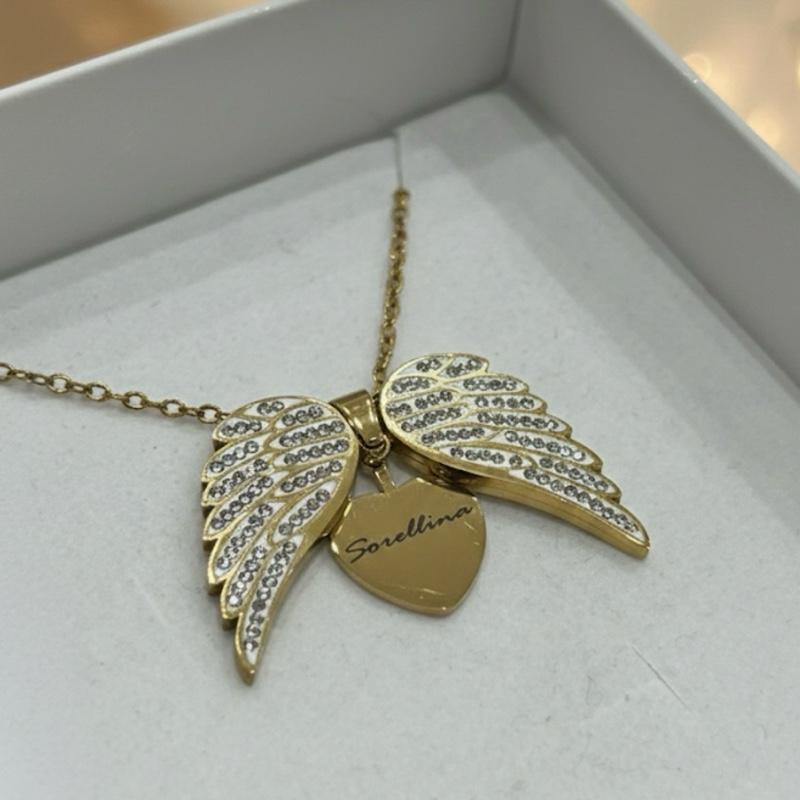 Collana ALWAYS in Acciaio Inox Argento con Pendente Ali d'Angelo e Cuore Personalizzabile Regalo Simbolico con Strass e Catenina Sottili