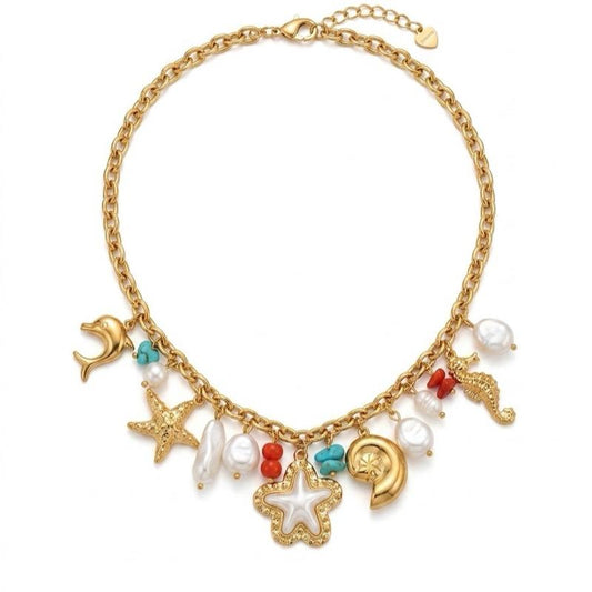 Collana In fondo al mar acciaio 316 L con charms a forma di stelle e perle per un look marino elegante