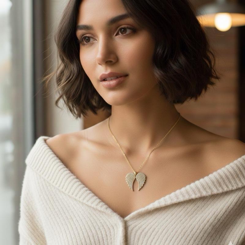 Collana ALWAYS in Acciaio Inox Argento con Pendente Ali d'Angelo e Cuore Personalizzabile Regalo Simbolico con Strass e Catenina Sottili