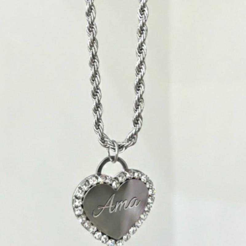 Collana Specchio dei Desideri in Acciaio Inossidabile con Pendente Cuore Lucido e Zirconi Incastonati Finitura Oro e Argento Personalizzabile con incisione