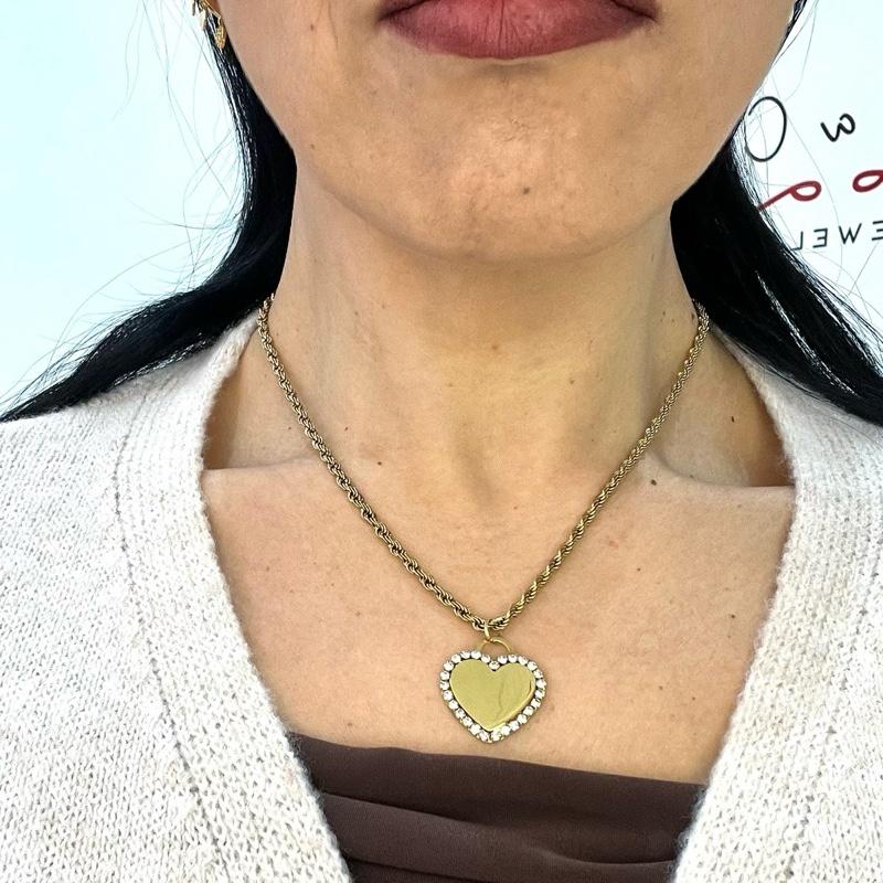 Collana Specchio dei Desideri in Acciaio Inossidabile con Pendente Cuore Lucido e Zirconi Incastonati Finitura Oro e Argento Personalizzabile con incisione