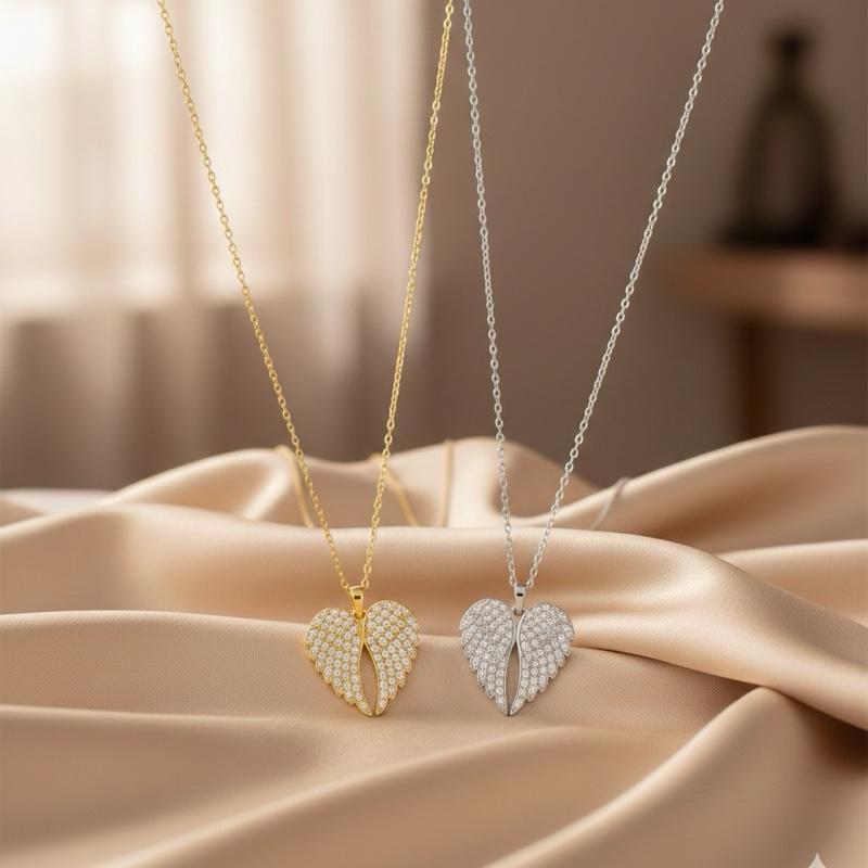 Collana ALWAYS in Acciaio Inox Argento con Pendente Ali d'Angelo e Cuore Personalizzabile Regalo Simbolico con Strass e Catenina Sottili
