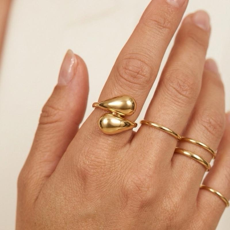 MARLENA Anello Regolabile a Goccia in acciaio Moderno con Doppia Goccia Lucida Elegante e Raffinato per Look Stilosi e Versatile