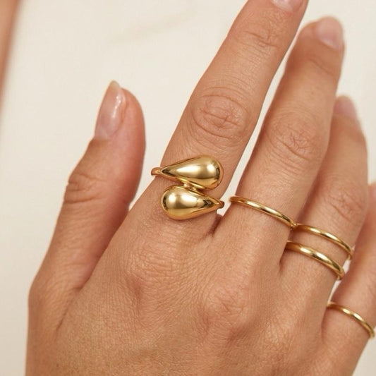 Anello MARLENA Regolabile a Goccia in Metallo Moderno con Doppia Goccia Lucida Elegante e Raffinato per Look Stilosi