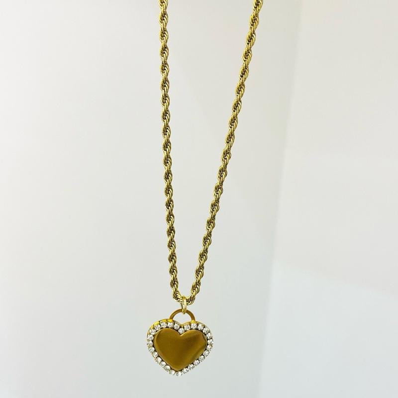 Collana Specchio dei Desideri in Acciaio Inossidabile con Pendente Cuore Lucido e Zirconi Incastonati Finitura Oro e Argento Personalizzabile con incisione