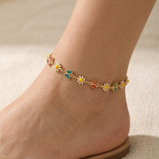Cavigliera Fiori e Farfalle in Acciaio con Dettagli Colorati per un Look Elegante e Naturale