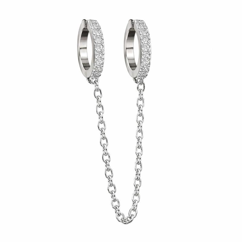 Orecchino Double doppio cerchio con pavé di luce e catena elegante per stile curated ear
