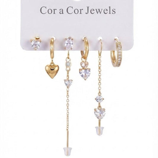 Cor a Cor Jewels Set 6 Orecchini Cascata di Luce in Acciaio con Dettagli a Cuore e Catene Eleganti