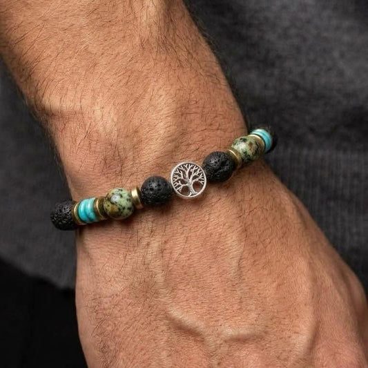 Bracciale Uomo Elastico Pietra Lavica con Dettaglio Albero di Vita e Perle Colorate