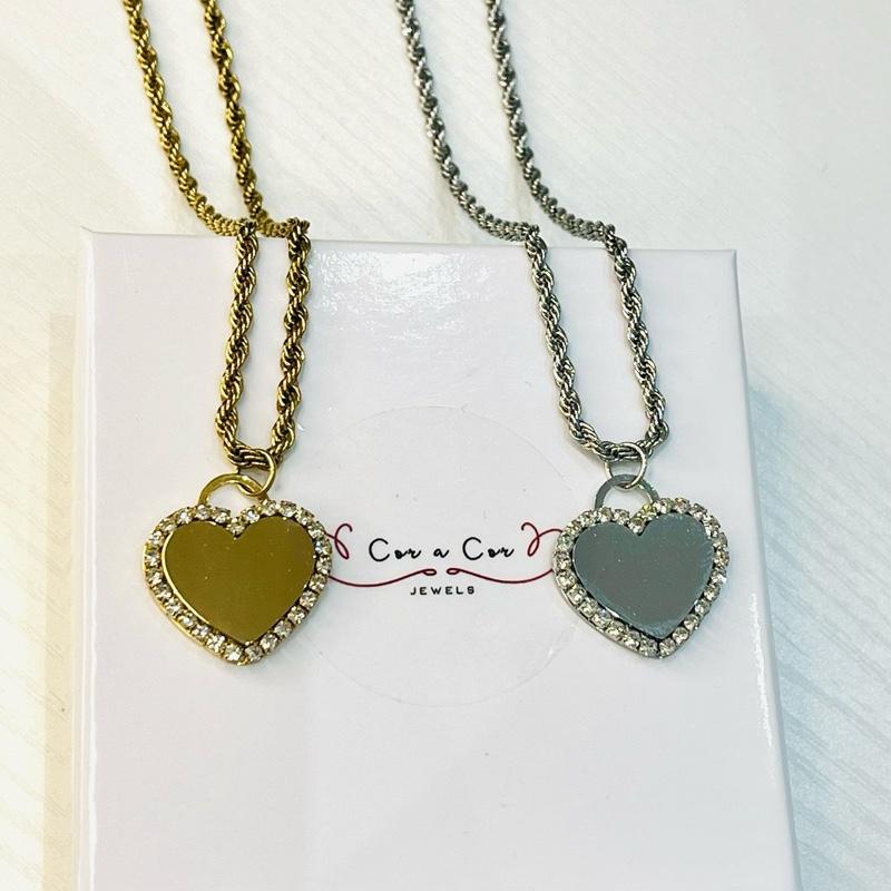 Collana Specchio dei Desideri in Acciaio Inossidabile con Pendente Cuore Lucido e Zirconi Incastonati Finitura Oro e Argento Personalizzabile con incisione