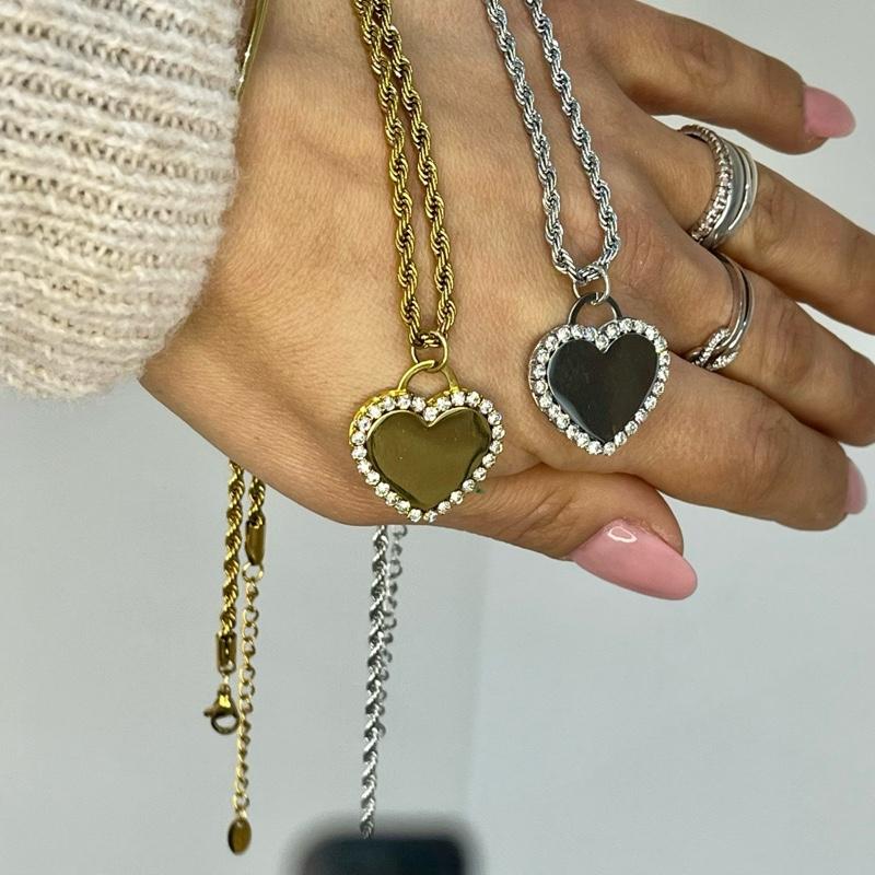 Collana Specchio dei Desideri in Acciaio Inossidabile con Pendente Cuore Lucido e Zirconi Incastonati Finitura Oro e Argento Personalizzabile con incisione