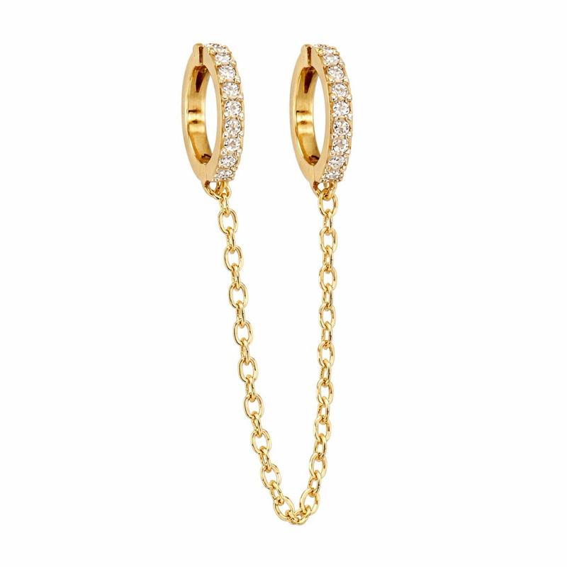 Orecchino Double doppio cerchio con pavé di luce e catena elegante per stile curated ear
