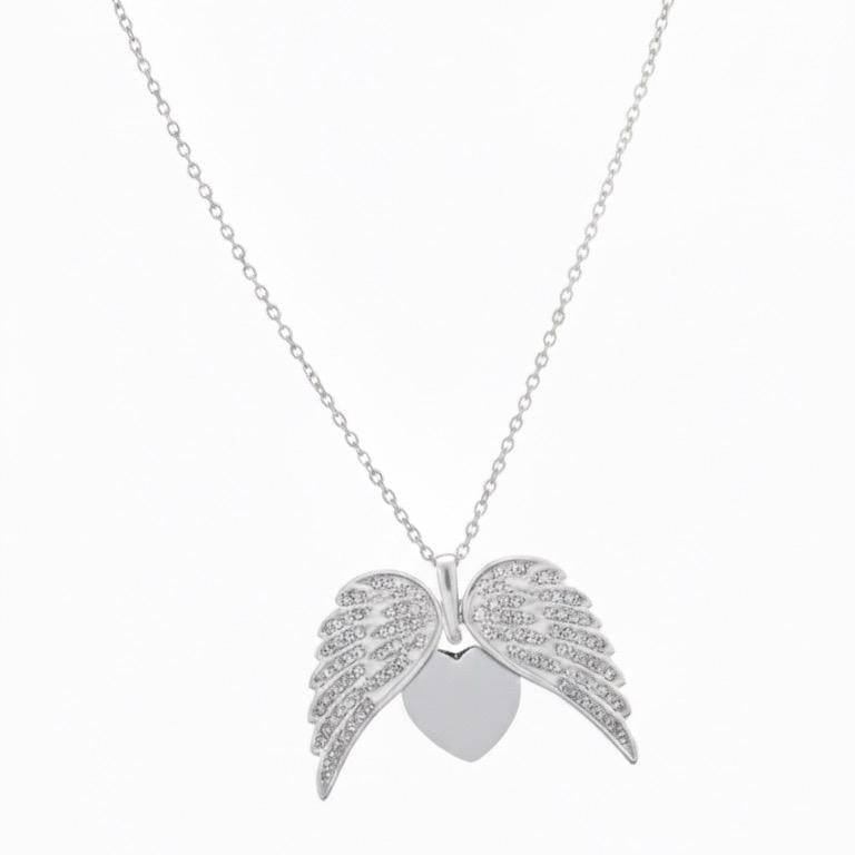Collana ALWAYS in Acciaio Inox Argento con Pendente Ali d'Angelo e Cuore Personalizzabile Regalo Simbolico con Strass e Catenina Sottili