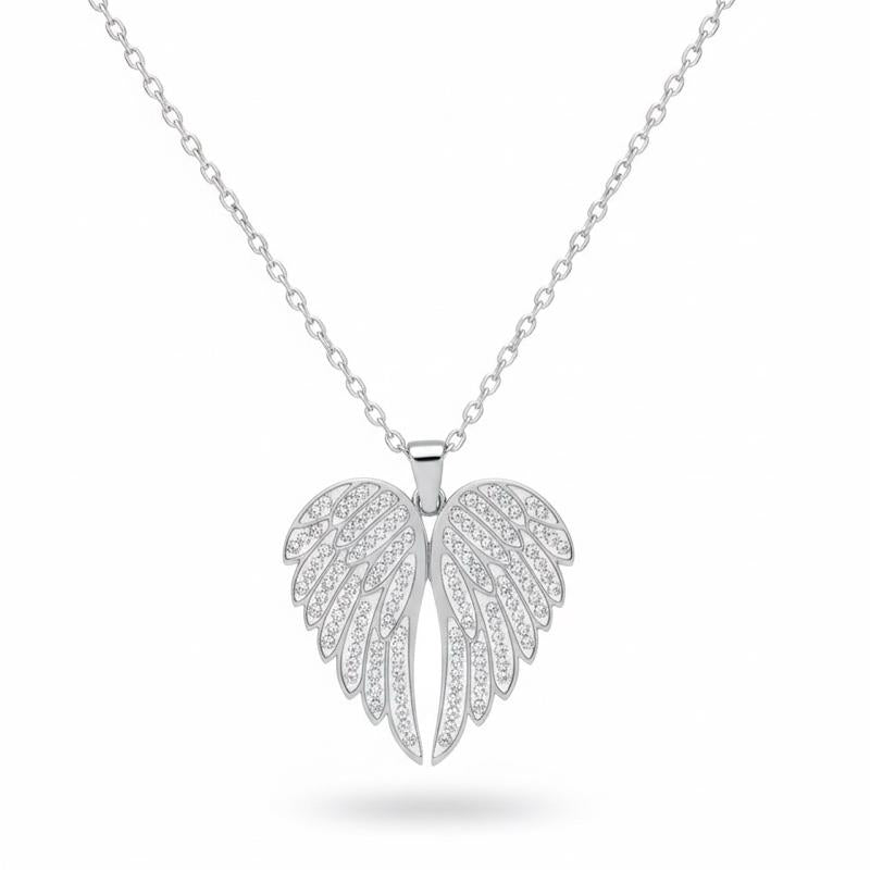 Collana ALWAYS in Acciaio Inox Argento con Pendente Ali d'Angelo e Cuore Personalizzabile Regalo Simbolico con Strass e Catenina Sottili