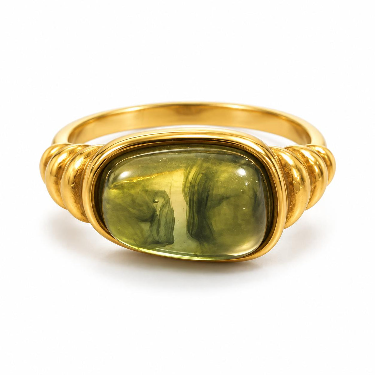 Anello Vintage in Acciaio Inossidabile con Pietre Verde Oliva e Ambra Montatura Dorata Regolabile per Look Raffinato