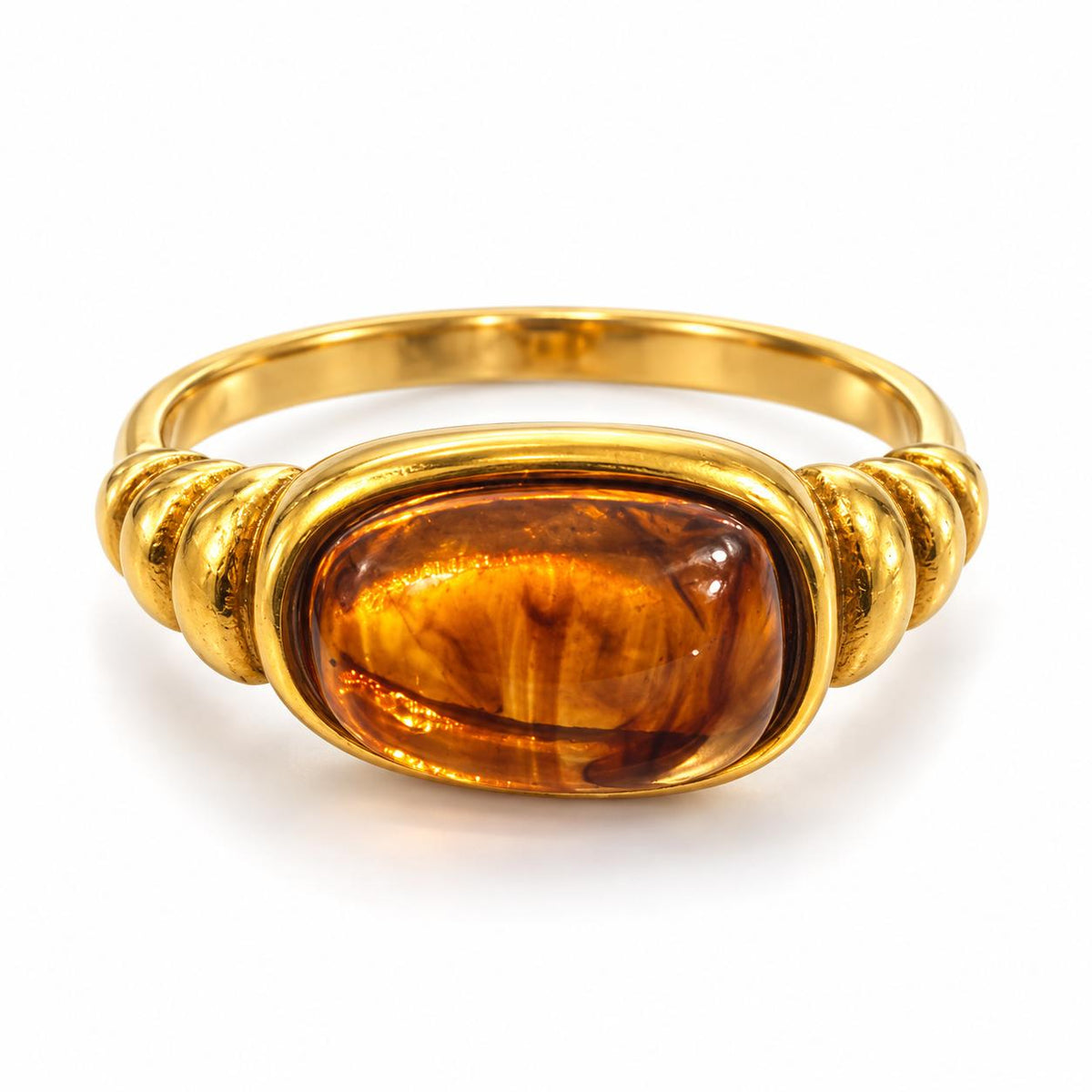 Anello Vintage in Acciaio Inossidabile con Pietre Verde Oliva e Ambra Montatura Dorata Regolabile per Look Raffinato