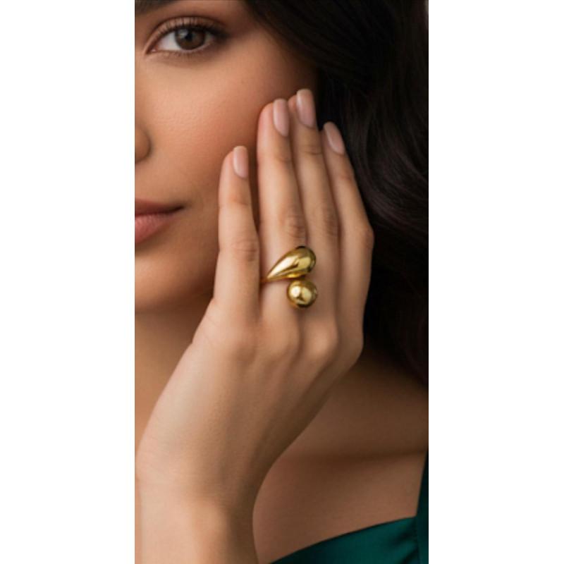 Anello MARLENA Regolabile a Goccia in Metallo Moderno con Doppia Goccia Lucida Elegante e Raffinato per Look Stilosi