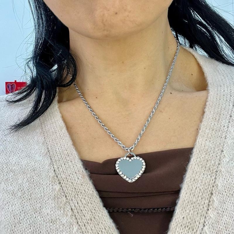 Collana Specchio dei Desideri in Acciaio Inossidabile con Pendente Cuore Lucido e Zirconi Incastonati Finitura Oro e Argento Personalizzabile con incisione