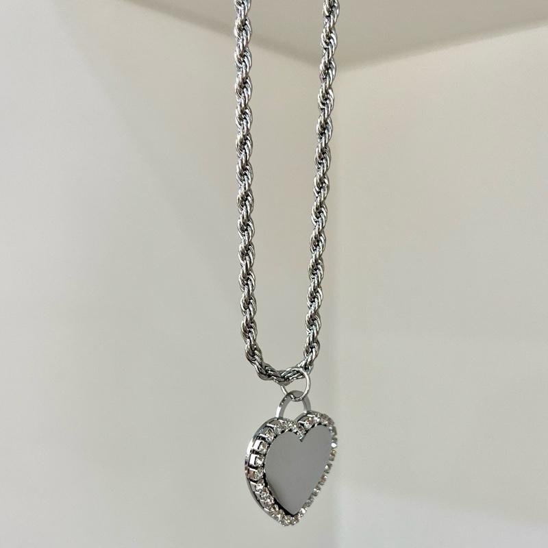 Collana Specchio dei Desideri in Acciaio Inossidabile con Pendente Cuore Lucido e Zirconi Incastonati Finitura Oro e Argento Personalizzabile con incisione