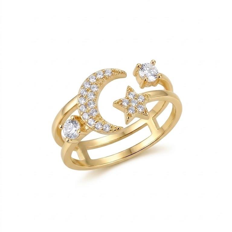 Anello Moon in Acciaio con Dettagli a Luna e Stella Dorato con Pietre Brillanti