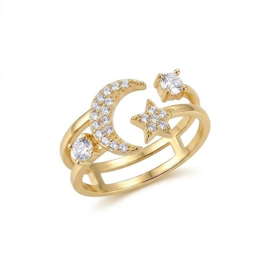 Anello Moon in Acciaio con Dettagli a Luna e Stella Dorato con Pietre Brillanti