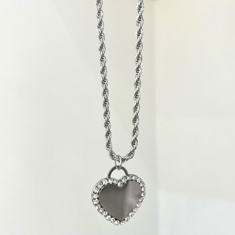 Collana Specchio dei Desideri in Acciaio Inossidabile con Pendente Cuore Lucido e Zirconi Incastonati Finitura Oro e Argento Personalizzabile con incisione