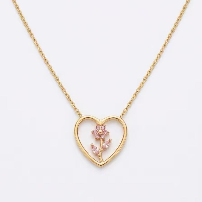 Collana Spring Heart in Acciaio 316L con Pendente Cuore e Tulipano in Cristalli