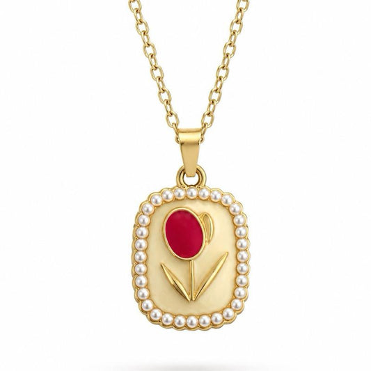 Collana Tuliperla in Acciaio Smaltato con Perle e Design Floreale Elegante per Donna