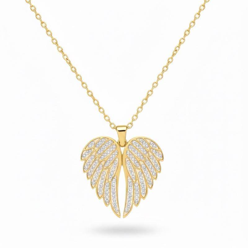 Collana ALWAYS in Acciaio Inox Argento con Pendente Ali d'Angelo e Cuore Personalizzabile Regalo Simbolico con Strass e Catenina Sottili