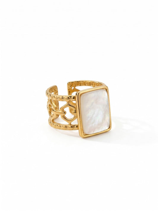 Anello Queen – Acciaio inossidabile, regolabile. Eleganza Scolpita in Madreperla