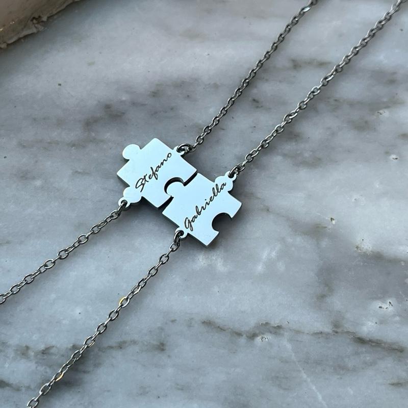 BR040 Bracciali TWIN in Acciaio Inox con Catenina Sottile e Ciondolo a Forma di Puzzle per Amicizia e Amore